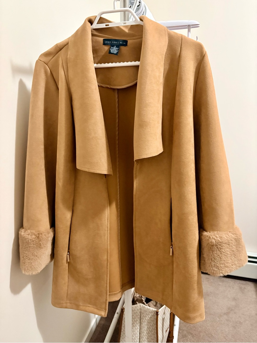 Joan Vass New York Camel Faux Suede Draped Coat with Faux Fur Cuffs - Size M